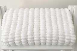 Hand Knitted Pom Baby Blanket - White Car Seat Size - Approx 48cmx50cm