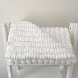 Hand Knitted Pom Baby Blanket - White Car Seat Size - Approx 48cmx50cm - thumbnail 4