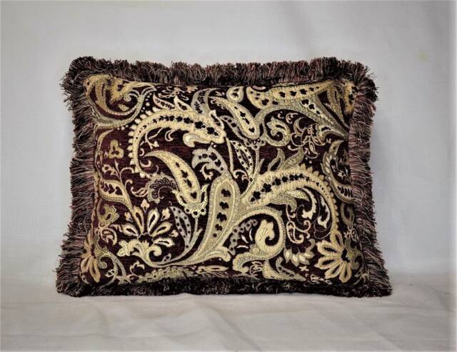 Large Paisely Embroidered Dark Red & Gold Chenille Throw Pillow With Fringe For Sofa Or Couch Handmade in Usa - image 1