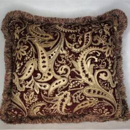Large Paisely Embroidered Dark Red & Gold Chenille Throw Pillow With Fringe For Sofa Or Couch Handmade in Usa - thumbnail 2