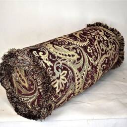 Large Paisely Embroidered Dark Red & Gold Chenille Throw Pillow With Fringe For Sofa Or Couch Handmade in Usa - thumbnail 3