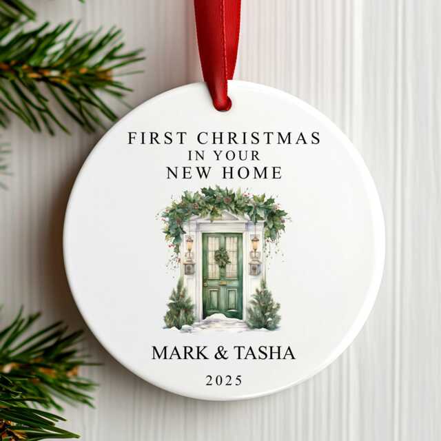 First Christmas in Your New Home Decoration - Personalised Tree Ornament Green Door Ceramic Bauble Housewarming Gift At - image 1