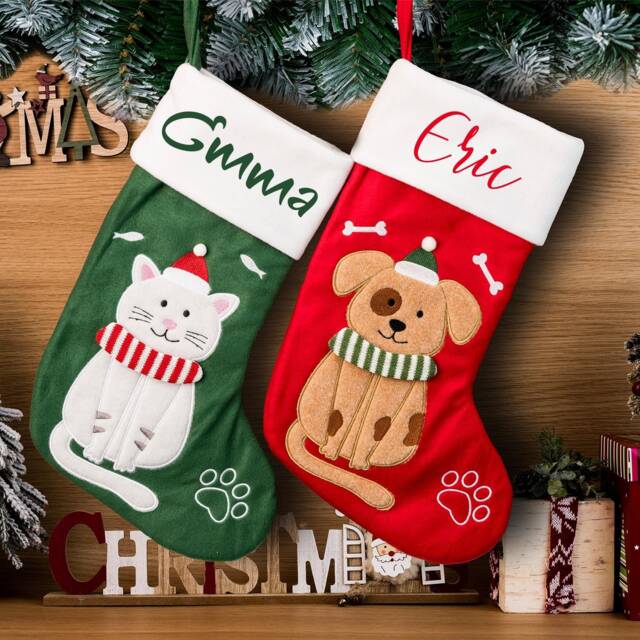 Custom Embroidered Pet Christmas Stocking, Personalized Name Dog & Cat Holiday Home Decoration Gift - image 1