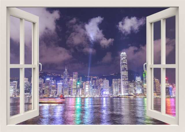 Hong Kong City Skyline Wall Decal, 3D Window China Cityscape Frame Sticker