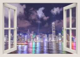 Hong Kong City Skyline Wall Decal, 3D Window China Cityscape Frame Sticker