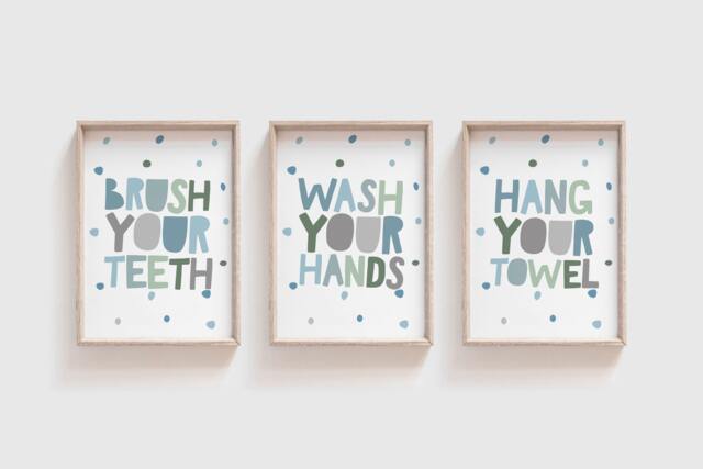 Set Of 3 Kids Bathroom Prints, Wash Your Hands Print, Decor, Nursery Signs, Wall Art - image 1