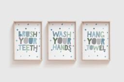 Set Of 3 Kids Bathroom Prints, Wash Your Hands Print, Decor, Nursery Signs, Wall Art - thumbnail 1