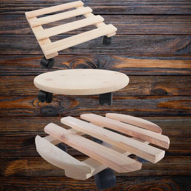 Wooden Plant Pot Trolley Stand - Round Or Square- Flower Dolly Planter Caddy Mover Holder With Wheels Unfinished Plain Pine To Decorate - image 1