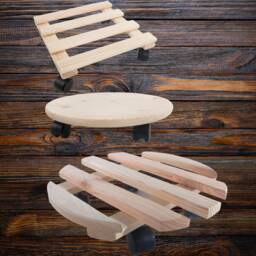 Wooden Plant Pot Trolley Stand - Round Or Square- Flower Dolly Planter Caddy Mover Holder With Wheels Unfinished Plain Pine To Decorate