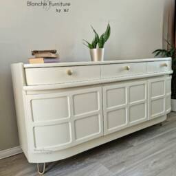 Mid Century Luxury Sideboard Nathan - Curved Teak Cream Steel Hairpin Legs - thumbnail 4