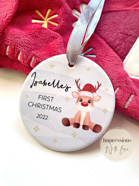 Baby's First Christmas Personalised Ornament, 1st Bauble, Keepsake Decoration, Ceramic New Baby Gift, Reindeer