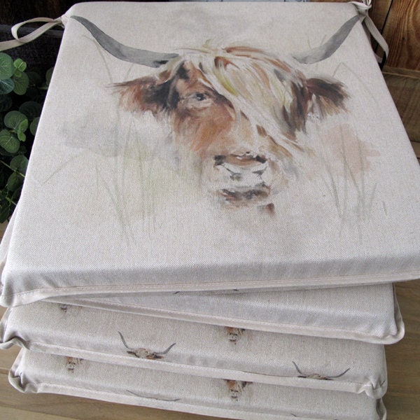 Highland Cow Reversible Seat Pads, Sets Of Square Kitchen Chair Cushions - image 1