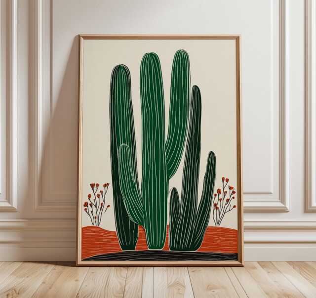 Cactus Wall Art Print, Modern Desert Poster, Green & Terracotta Botanical Illustration - image 1