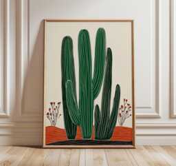 Cactus Wall Art Print, Modern Desert Poster, Green & Terracotta Botanical Illustration - thumbnail 1
