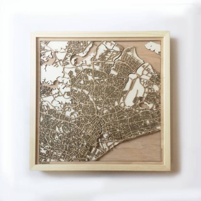 Singapore Wooden Map - Laser Cut City Streets, 3D Framed Wall Art - image 1
