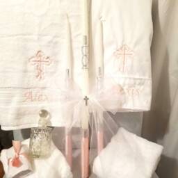 Orthodox Baptism Towels, Candles & Oil Sheet For Greek Baptism, Bath Towel, Embroidered, Soap Bottle Complete - thumbnail 2
