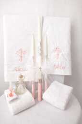 Orthodox Baptism Towels, Candles & Oil Sheet For Greek Baptism, Bath Towel, Embroidered, Soap Bottle Complete