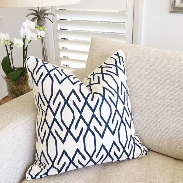Blue & White Geometric Pillow Cover, Hampton Style Decorative Cushion - image 1