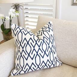 Blue & White Geometric Pillow Cover, Hampton Style Decorative Cushion - thumbnail 1