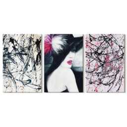Canvas Set Of 3 Wall Art - Paint Patterns Woman in Hat, Pink Photo Print, Abstract Decor - thumbnail 2