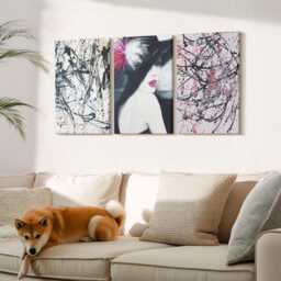 Canvas Set Of 3 Wall Art - Paint Patterns Woman in Hat, Pink Photo Print, Abstract Decor - thumbnail 1