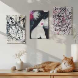 Canvas Set Of 3 Wall Art - Paint Patterns Woman in Hat, Pink Photo Print, Abstract Decor - thumbnail 3