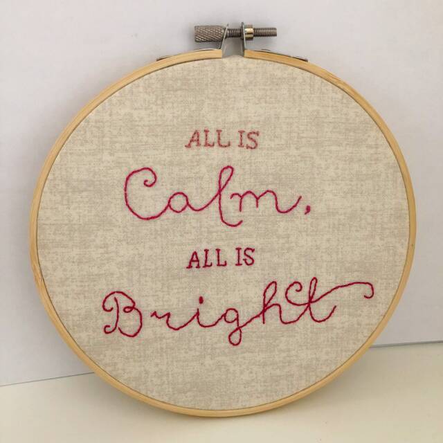 All If Calm, Is Bright - Silent Night Hand Embroidered Hoop Christmas Wall Art Hanging Decoration Natural Linen & Ombre Pink Red