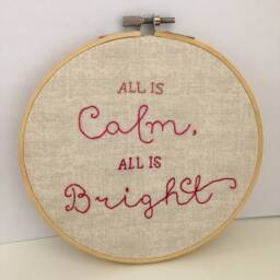 All If Calm, Is Bright - Silent Night Hand Embroidered Hoop Christmas Wall Art Hanging Decoration Natural Linen & Ombre Pink Red