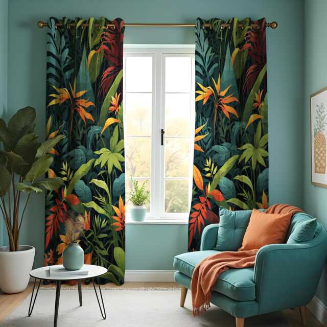 Vibrant Tropical Jungle Leaf Curtains, Deep Green Foliage & Orange Botanical Pattern Drapes, Exotic Rainforest Home Decor Panels - image 1