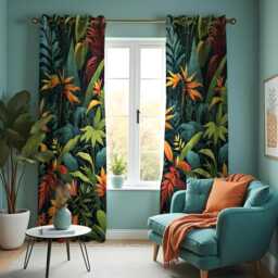 Vibrant Tropical Jungle Leaf Curtains, Deep Green Foliage & Orange Botanical Pattern Drapes, Exotic Rainforest Home Decor Panels - thumbnail 1