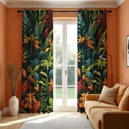 Vibrant Tropical Jungle Leaf Curtains, Deep Green Foliage & Orange Botanical Pattern Drapes, Exotic Rainforest Home Decor Panels - thumbnail 2