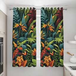 Vibrant Tropical Jungle Leaf Curtains, Deep Green Foliage & Orange Botanical Pattern Drapes, Exotic Rainforest Home Decor Panels - thumbnail 3