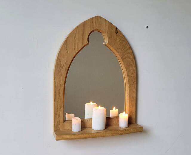 Unusual Gothic Arch Trefoil Keyhole Solid Wooden English Oak Mirror & Shelf 50.5 cm Long Hand Made - image 1
