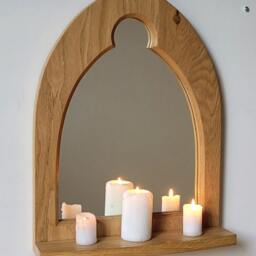 Unusual Gothic Arch Trefoil Keyhole Solid Wooden English Oak Mirror & Shelf 50.5 cm Long Hand Made - thumbnail 2