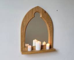 Unusual Gothic Arch Trefoil Keyhole Solid Wooden English Oak Mirror & Shelf 50.5 cm Long Hand Made - thumbnail 1