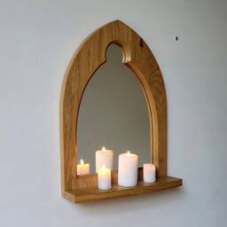 Unusual Gothic Arch Trefoil Keyhole Solid Wooden English Oak Mirror & Shelf 50.5 cm Long Hand Made - thumbnail 3