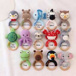 Personalized Crochet Animal Rattle Embroidered Newborn & Baby Shower Gift in Eco Beechwood - thumbnail 2