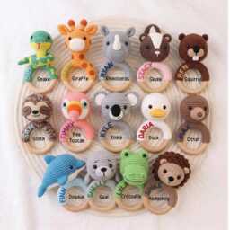 Personalized Crochet Animal Rattle Embroidered Newborn & Baby Shower Gift in Eco Beechwood - thumbnail 3