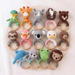 Personalized Crochet Animal Rattle Embroidered Newborn & Baby Shower Gift in Eco Beechwood