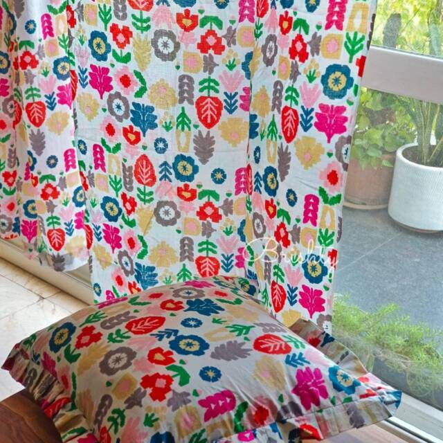 Floral Cotton Curtain Panel, Kids Nursery Decor, Colorful Print - image 1