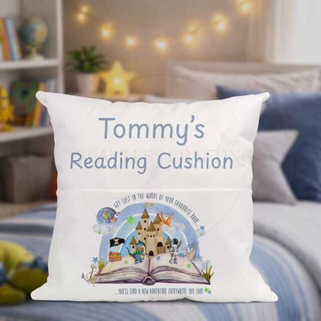 Personalised Storybook Reading Cushion With Pocket, Custom Name Kids Book Pillow, Castle Dragon Adventure Gift - image 1