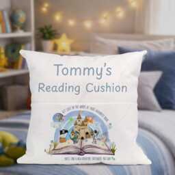 Personalised Storybook Reading Cushion With Pocket, Custom Name Kids Book Pillow, Castle Dragon Adventure Gift