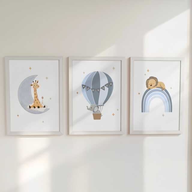 Safari Animal Personalised Nursery Wall Prints, Set Of 3 Custom Framed Boys Bedroom Decor, Kids Room Moon Hot Air Balloon Playroom Poster - image 1