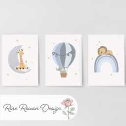 Safari Animal Personalised Nursery Wall Prints, Set Of 3 Custom Framed Boys Bedroom Decor, Kids Room Moon Hot Air Balloon Playroom Poster - thumbnail 3