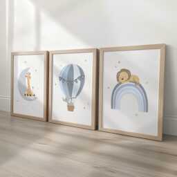 Safari Animal Personalised Nursery Wall Prints, Set Of 3 Custom Framed Boys Bedroom Decor, Kids Room Moon Hot Air Balloon Playroom Poster - thumbnail 2