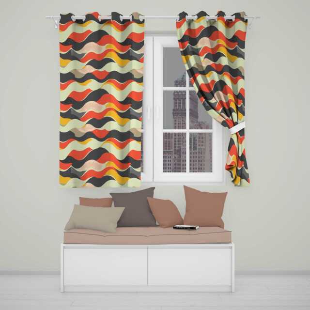 Bold Curved Wave Shapes Pattern Seamless Readymade Eyelet Ring Top Thermal 100% Blackout Curtains - image 1