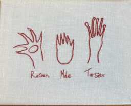 Textile Art . Hand Embroidered Animal Hands .red Hand Gang. Cotton & Silk Threads - thumbnail 1