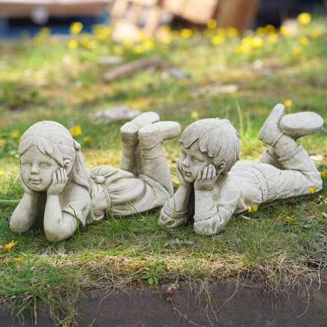 Daydream Boy Girl Stone Statue - Outdoor Garden Ornament British Child Cherub - image 1