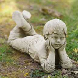 Daydream Boy Girl Stone Statue - Outdoor Garden Ornament British Child Cherub - thumbnail 3