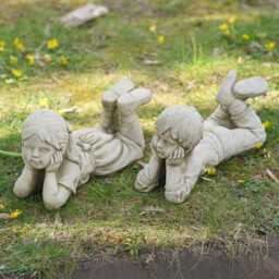 Daydream Boy Girl Stone Statue - Outdoor Garden Ornament British Child Cherub - thumbnail 2